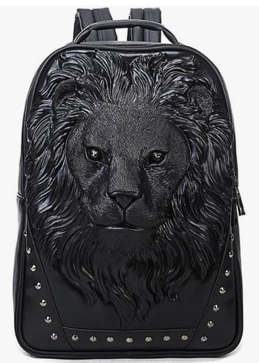 JPIII Black 3D Lion PU Leather Casual Laptop Backpack for Men & Women Durable Travel Daypack