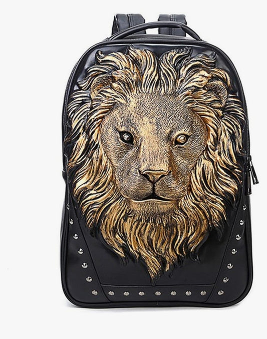 JPIII Gold 3D Lion PU Leather Casual Laptop Backpack for Men & Women Travel Daypack