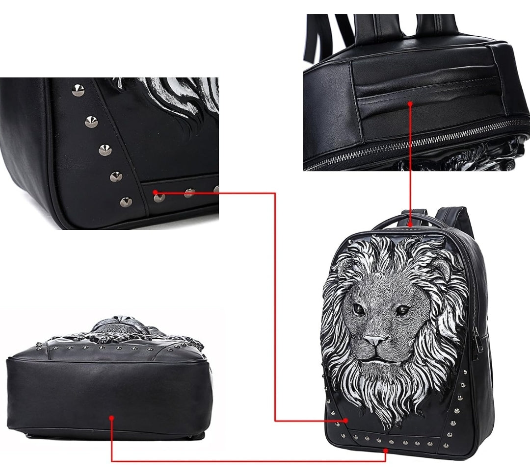 3D Silver  Lion PU Leather Casual Laptop Backpack for Men & Women Durable Travel Daypack